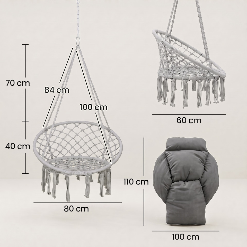 image 1 of Outsunny Hammock Chair, Boho Hanging Swing Chair with Cushion, Dark Grey
