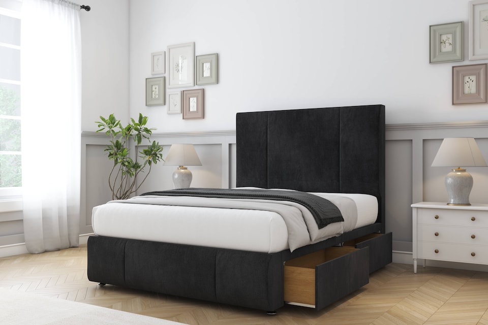 image 1 of Sloomy Lisbon Black Naples Divan Bed Base No Drawers With 26 Inch Strutted Headboard & 12 Inch Matching Footboard | Black | Black | Single | 1