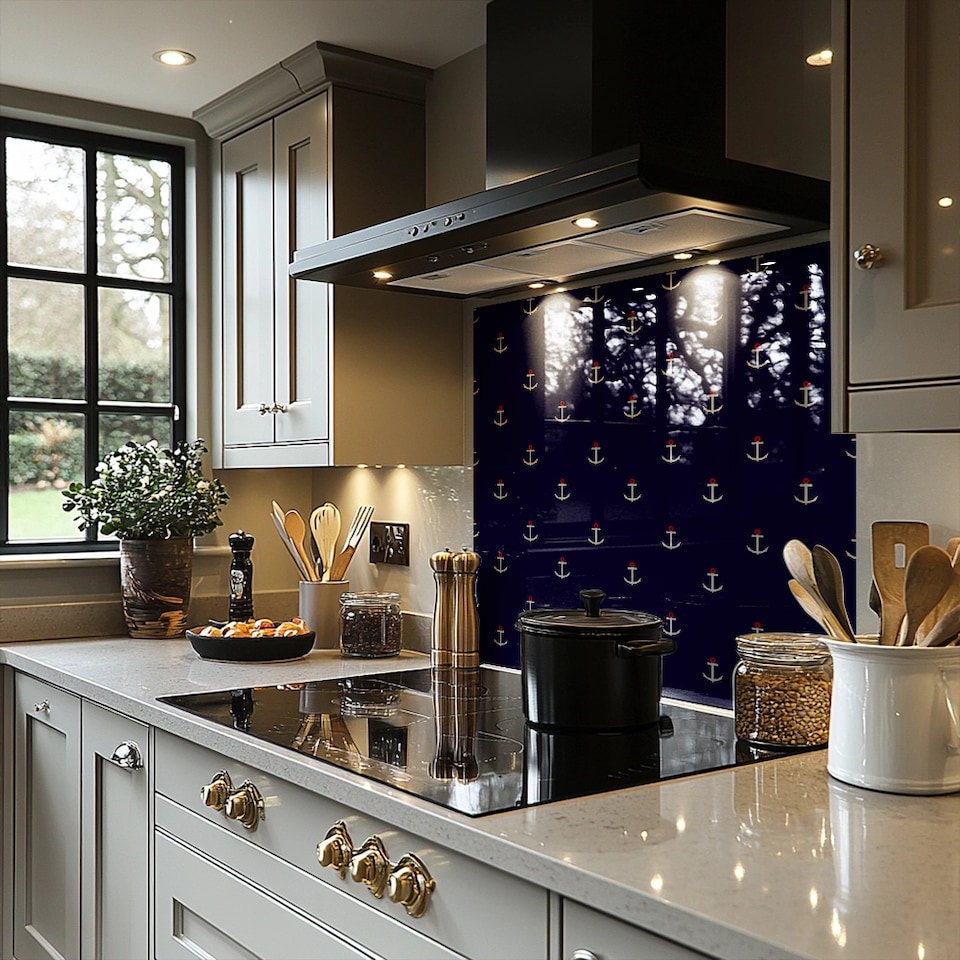 image 1 of White & Red Anchors On Navy Splash Back | White