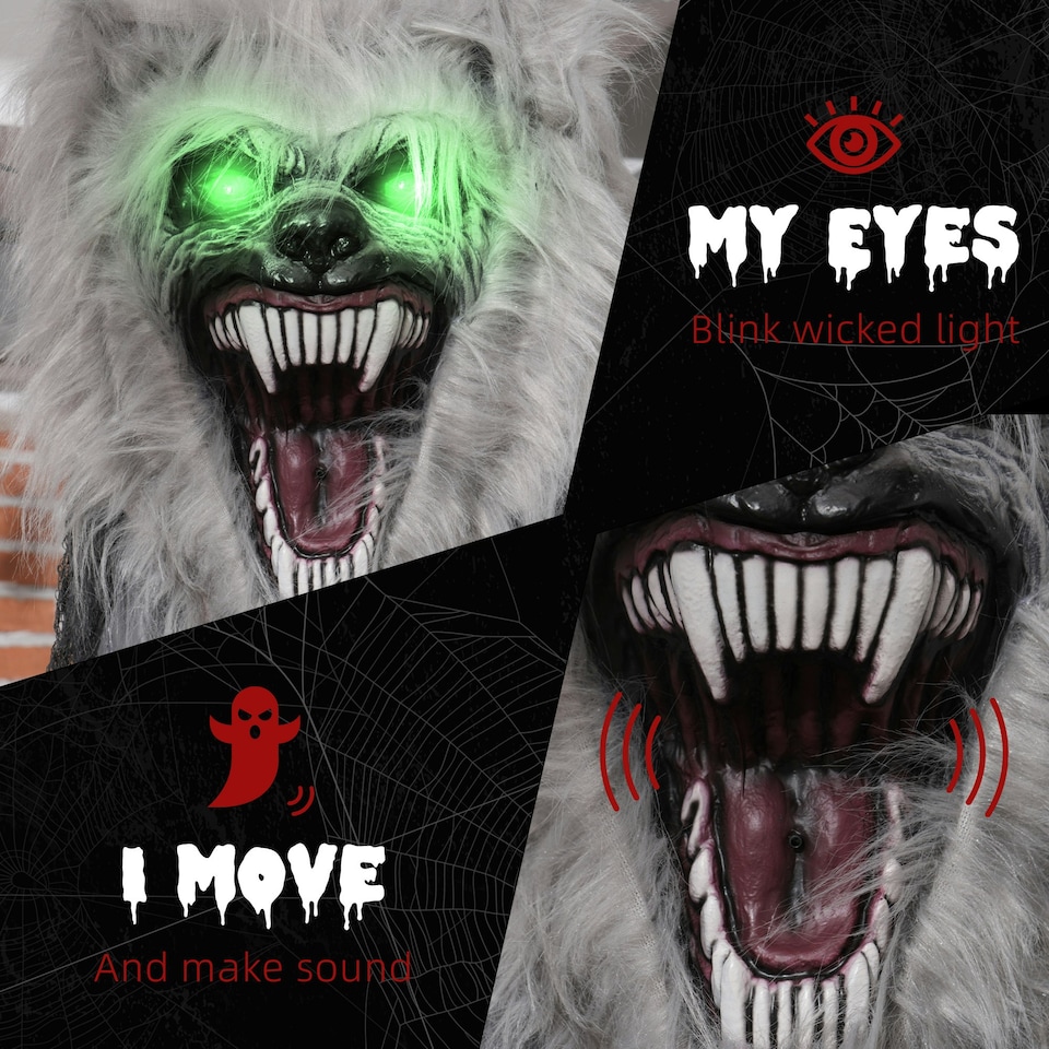 image 1 of HOMCOM Halloween Skeleton Werewolf Animatronic Prop with Light Up Eyes