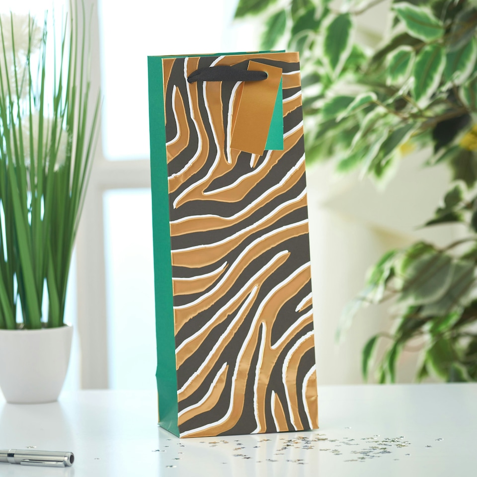 image 1 of Multipack of 3 Bottle Gift Bags | Party Bags for Presents | Birthdays/Thank You | For Her/Friend | Animal Print Design Gold