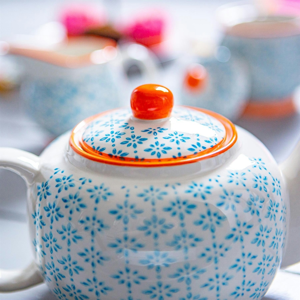 image 1 of Nicola Spring Hand-Printed Teapot - 820ml - Blue