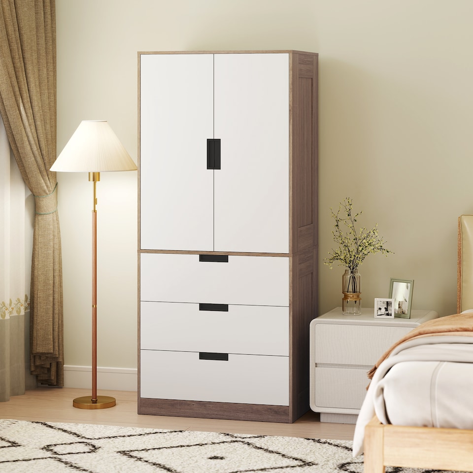 image 1 of HOMCOM 3 Drawer 2 Door Wardrobe, Modern Clothes Storage Cupboard Unit with Hanging Rod, Bedroom Wardrobe with Soft Closing Hinge, 50D x 80W x 180Hcm, Brown