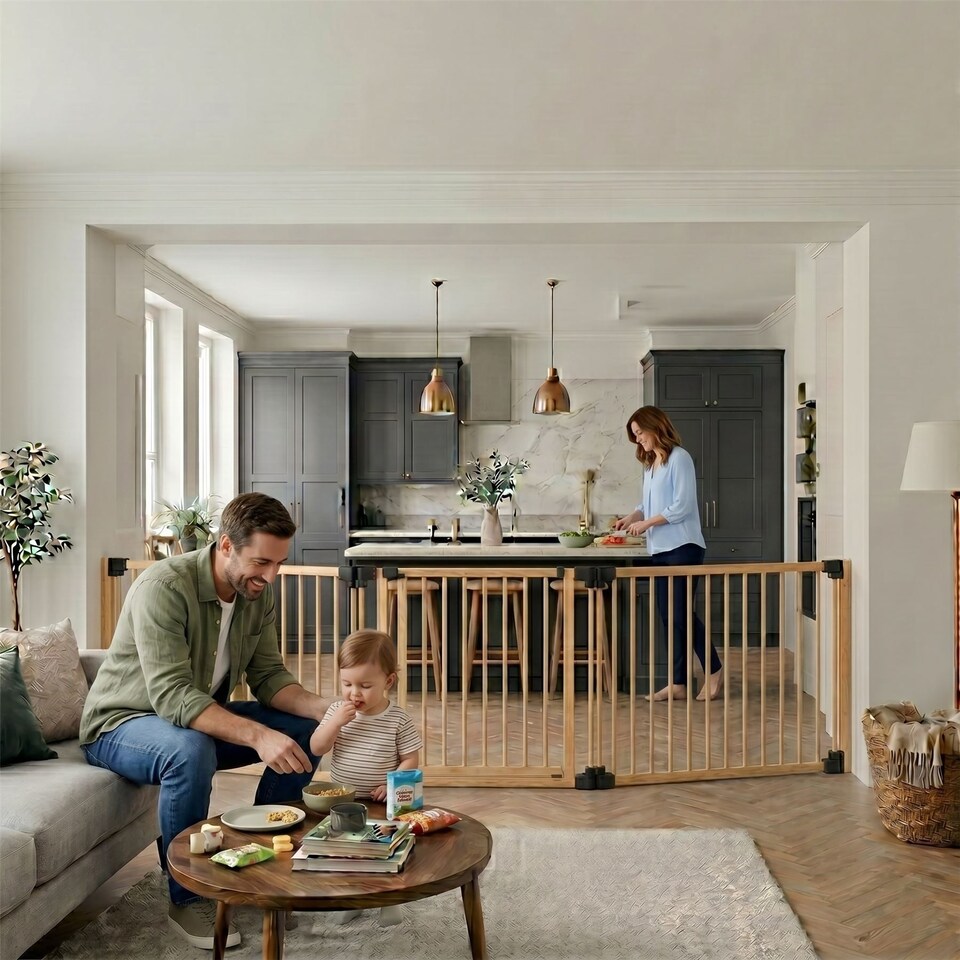 image 1 of Safetots Wooden Multi Panel Room Divider, up to 416cm, Natural Wood, 76cm Tall, Flexible Room Divider for Baby and Toddler | Cream | Natural