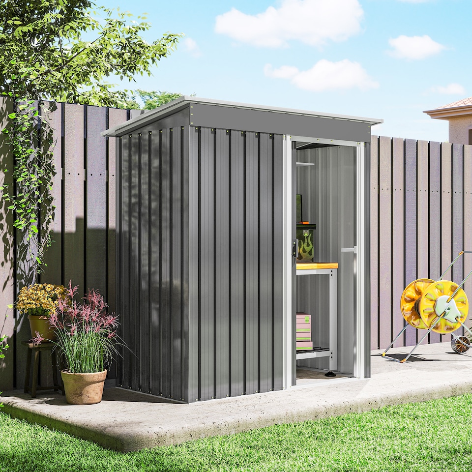 image 1 of Outsunny 5 x 3ft Garden Storage Shed with Sliding Door and Sloped Roof, Lean to Outdoor Equipment Tool Shed for Garden, Light Grey | Grey | 1