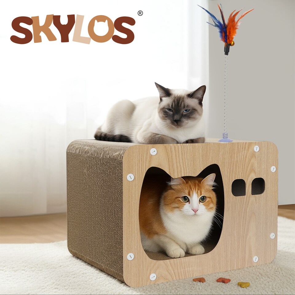 image 1 of Skylos Cat Scratching Post Cardboard House with Toy Indoor Cat Scratcher