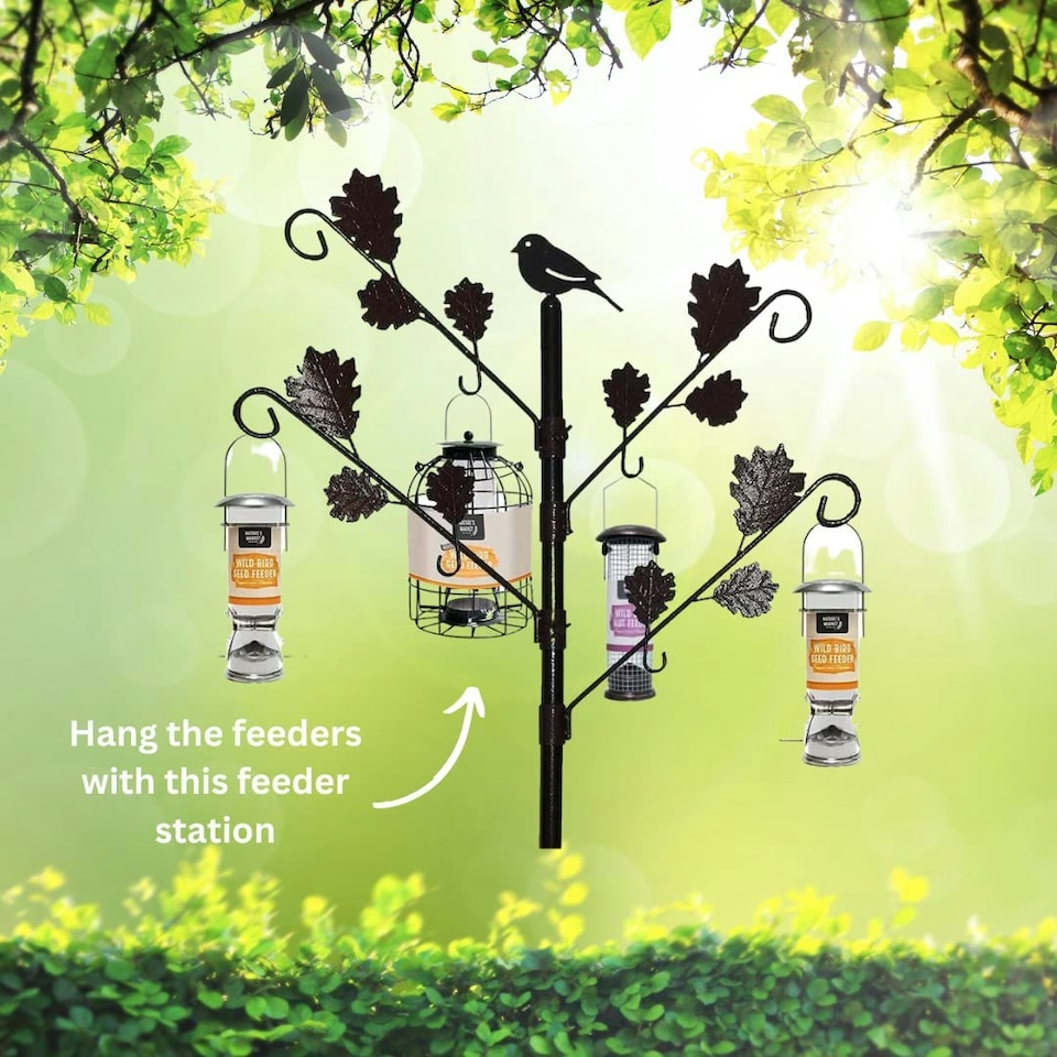 image 1 of Marco Paul Wild Bird Feeder Pole Station with Iron Leaves and 4 Adjustable Branches