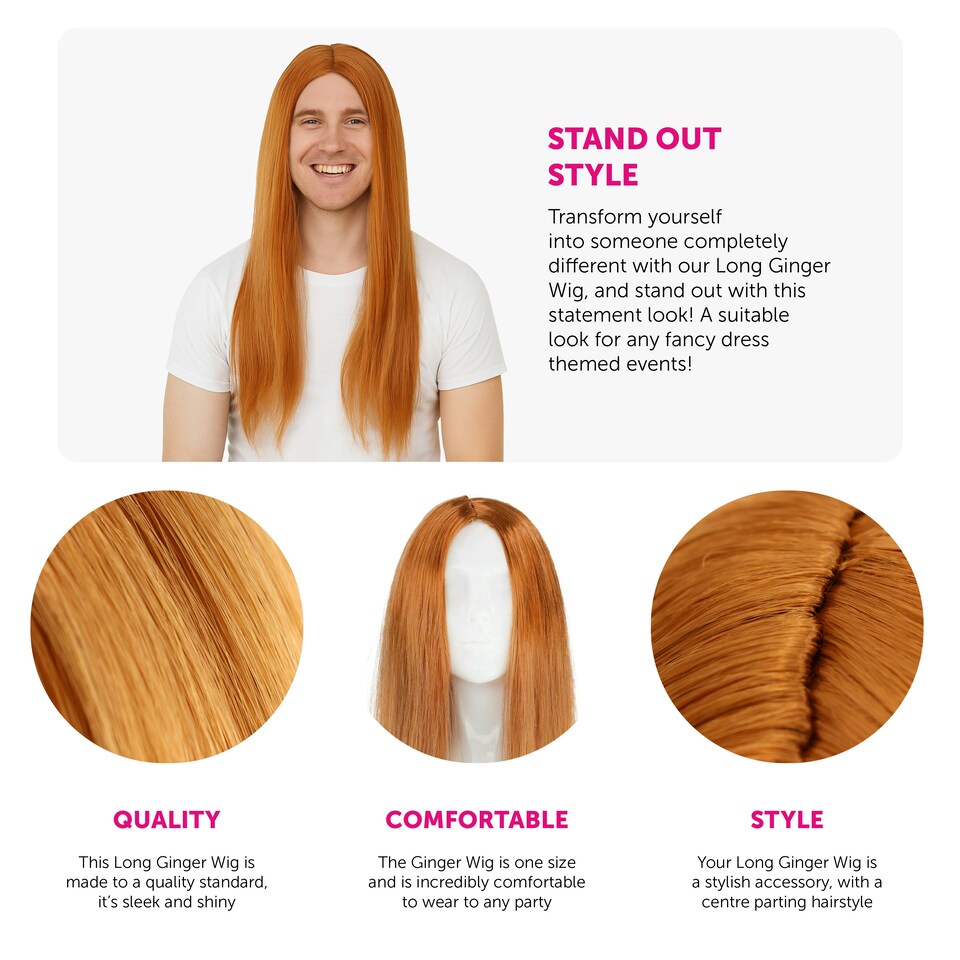 image 1 of Long Ginger Rocker Wig – 80s Rockstar Fancy Dress Hairpiece for Adult N/A | One Size