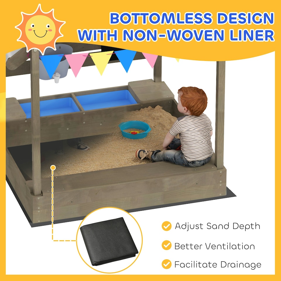 image 1 of Outsunny Sand Pit with Canopy, Blackboard, Toys, Sink, Seats, Flags for Kids