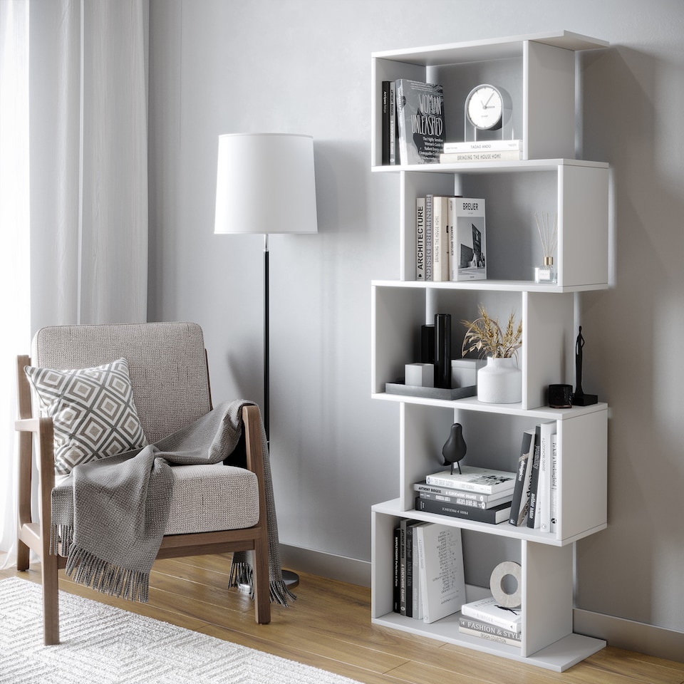 image 1 of Geometry S-Shaped 5 Tier Shelving Unit | White | 1