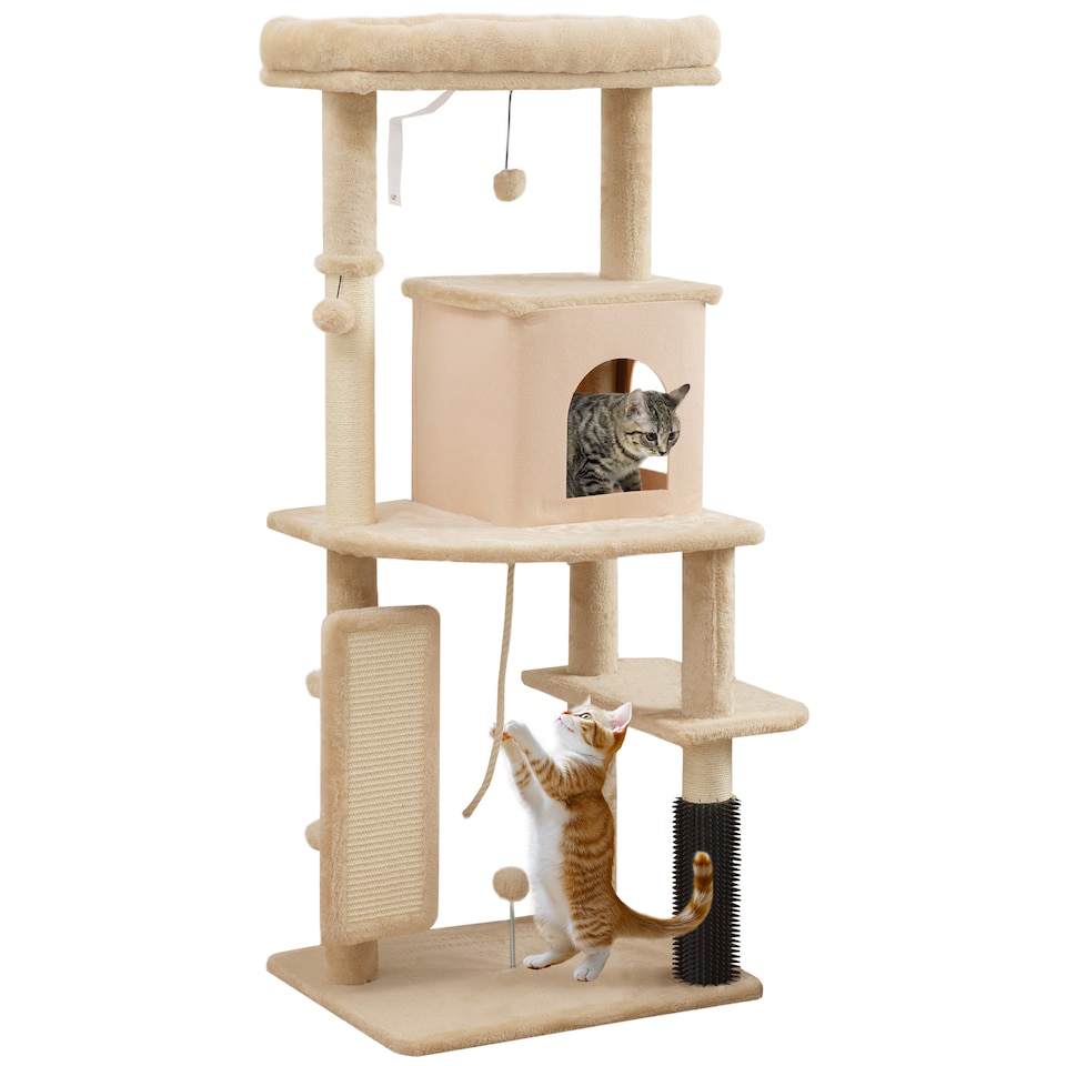 image 1 of PawHut Cat Tree Tower Scratching Post Bed House, 132cm, Beige
