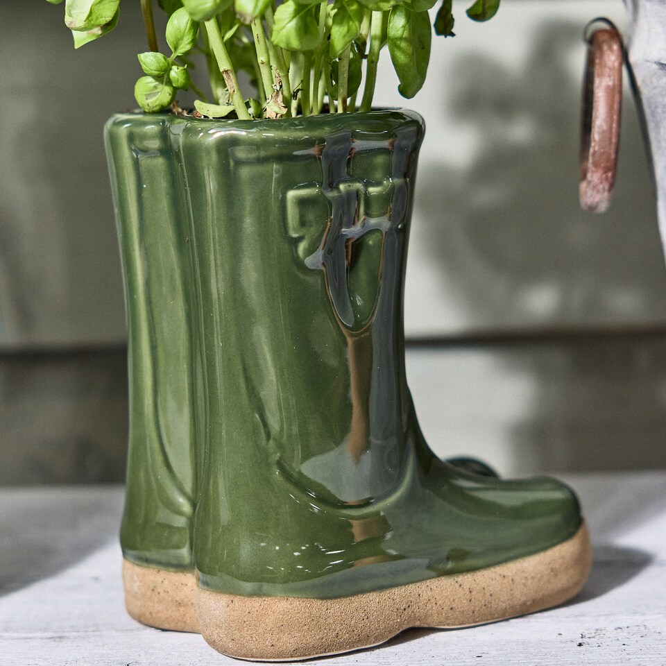 image 1 of Dark Green Wellington Boots Large Ceramic Indoor Outdoor Flower Pot Garden Planter Pot H29.5 x W24cm | Green | Dark Green