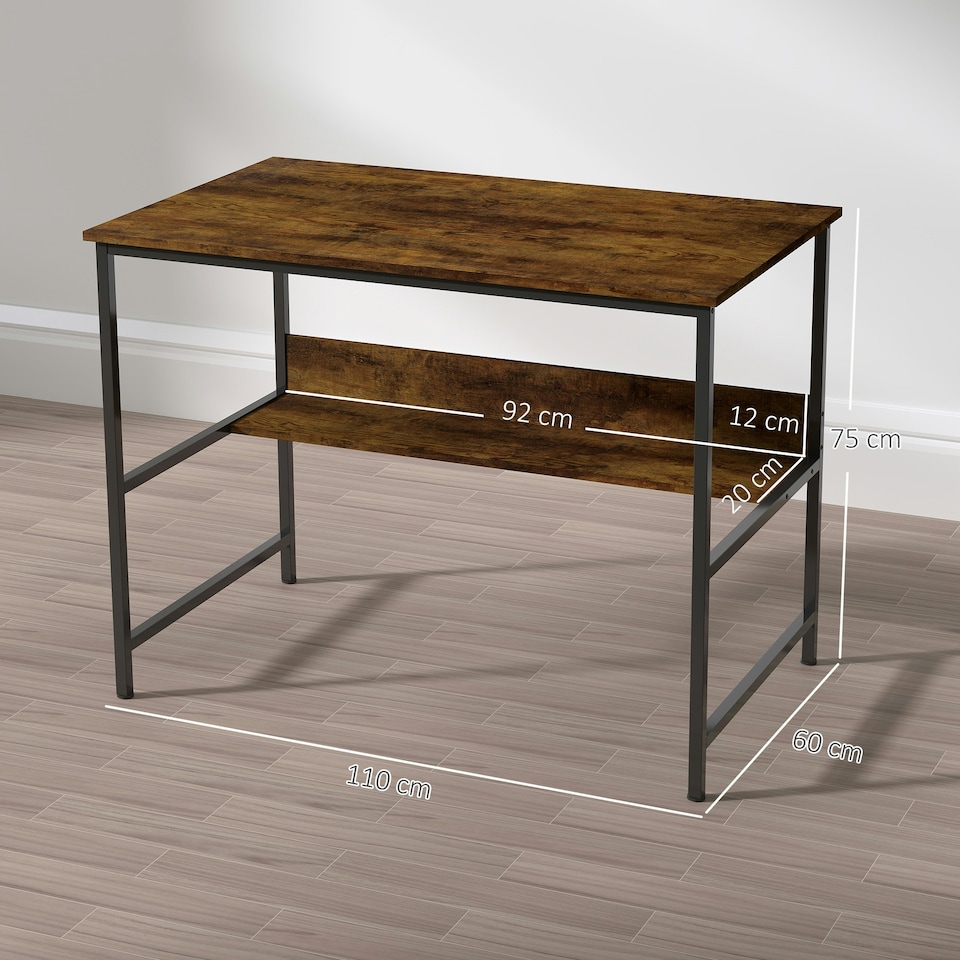 image 1 of HOMCOM 2-Tier Writing Desk Metal Frame with Storage Shelf Rustic Brown Brown