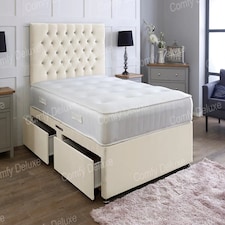 5ft Kingsize Cream Plush Velvet Divan Bed With Headboard & Memory Sprung Mattress 2 Drawers One Each Side