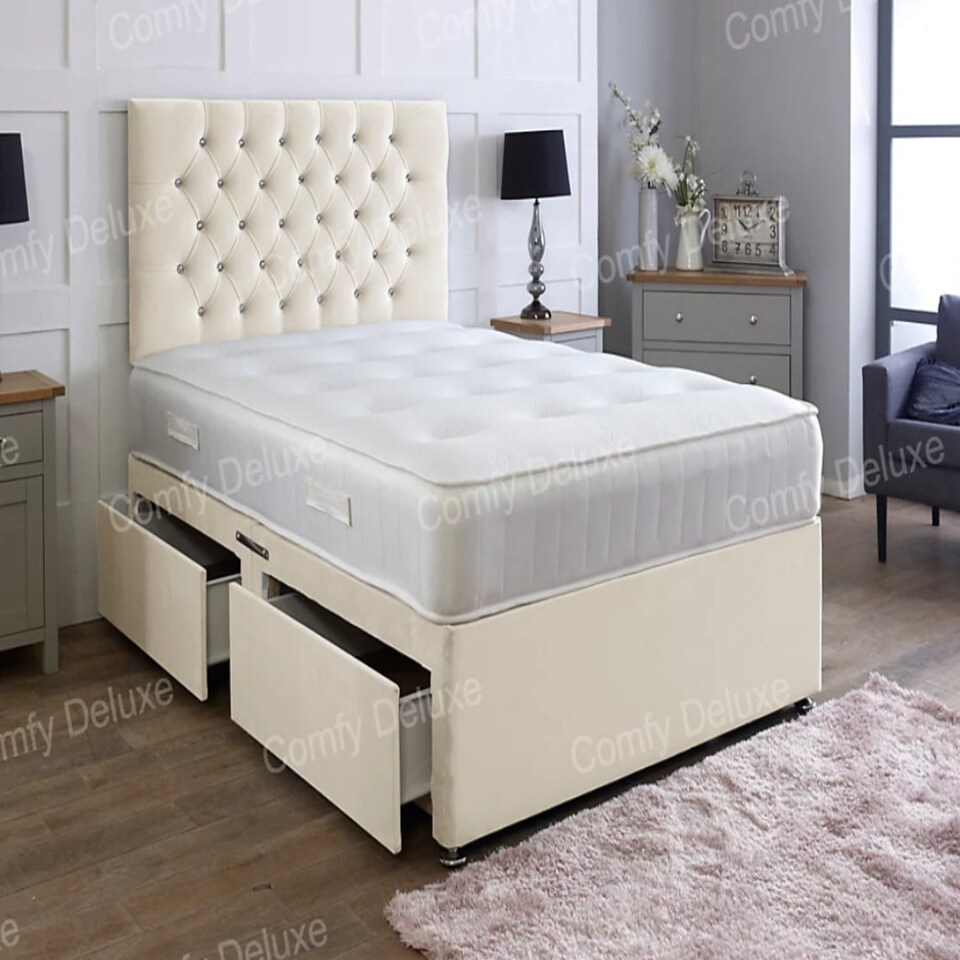 5ft Kingsize Cream Plush Velvet Divan Bed With Headboard & Memory Sprung Mattress 2 Drawers One Each Side