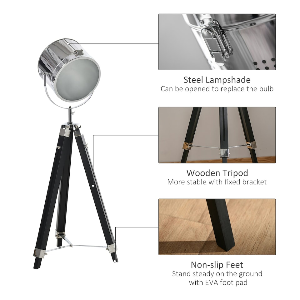 image 1 of HOMCOM Industrial Style Adjustable Tripod Floor Lamp, Searchlight Reading Lamp