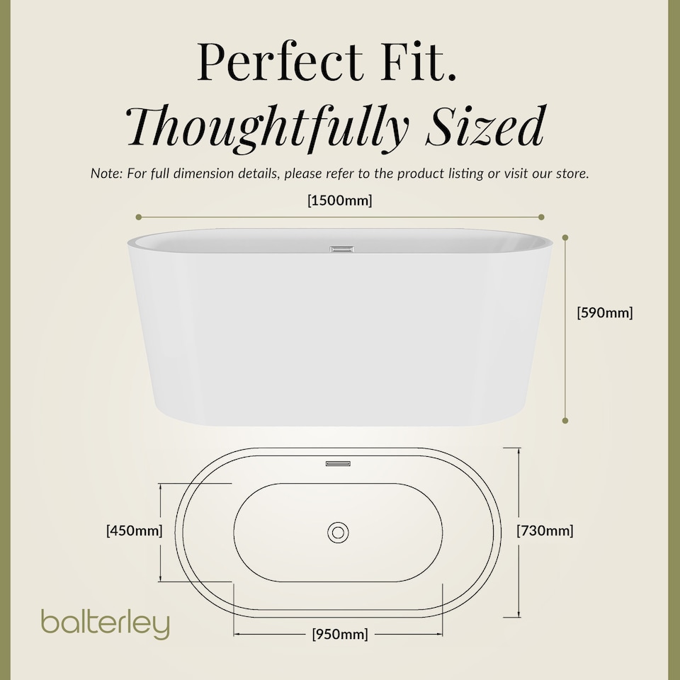 image 1 of Balterley Contemporary Oval Freestanding Bath: Modern Double-Ended Luxury Acrylic Bath | White | White | 1500 x 730 x 590mm