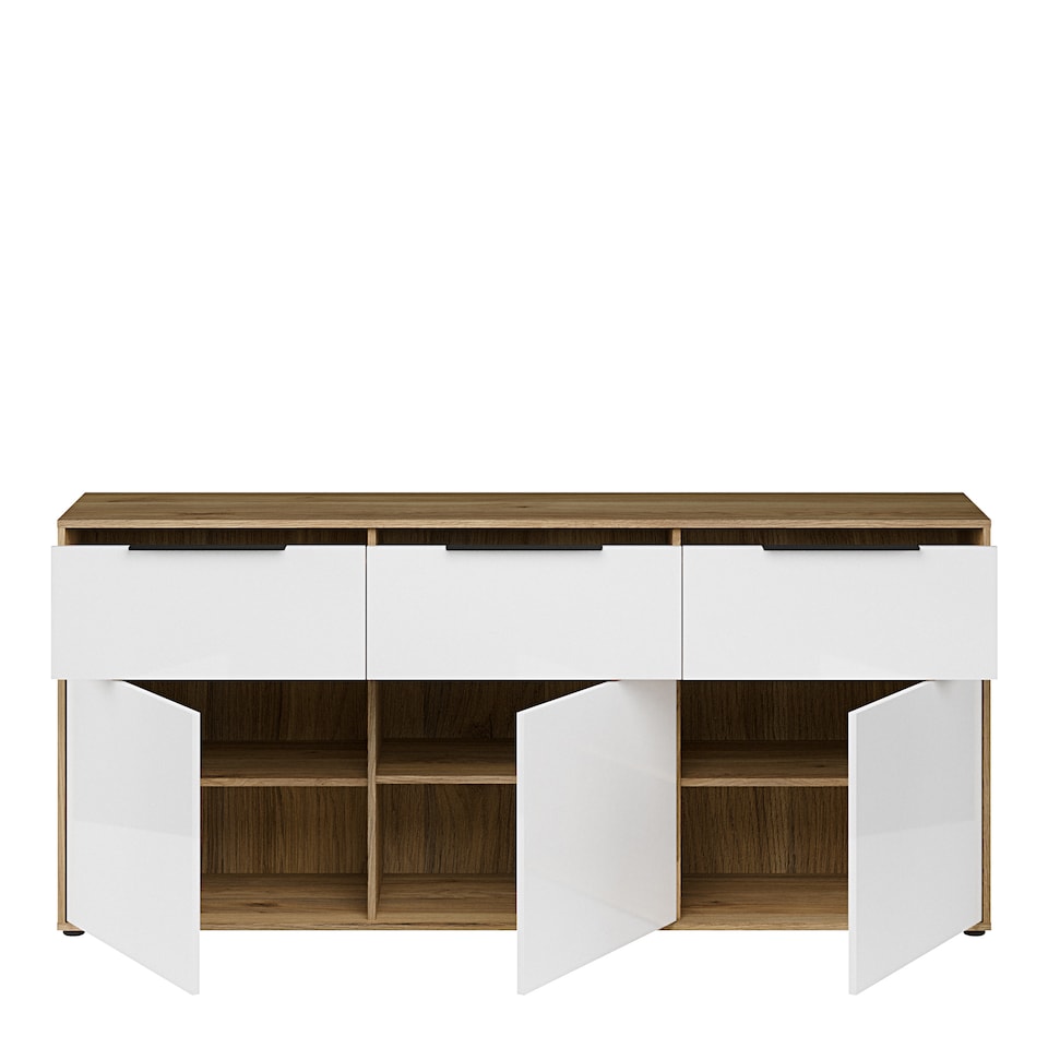 image 1 of Orkney 3 Drawer Sideboard with 3 Doors in Mauvella Oak and White Gloss