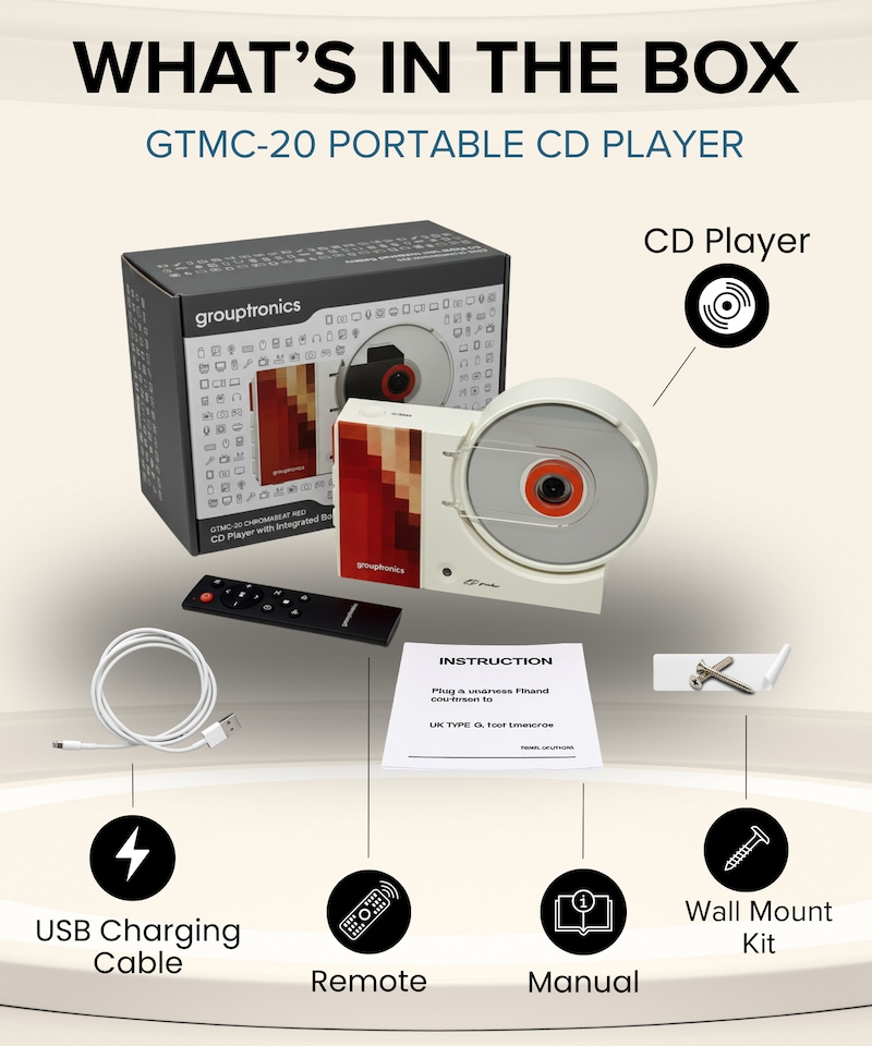 image 1 of Grouptronics GTMC-20 Portable CD Player with Bluetooth and Speakers | Small Rechargeable CD Player for Home, Kids or Elderly | Personal CD Music Player Boombox, CD Walkman