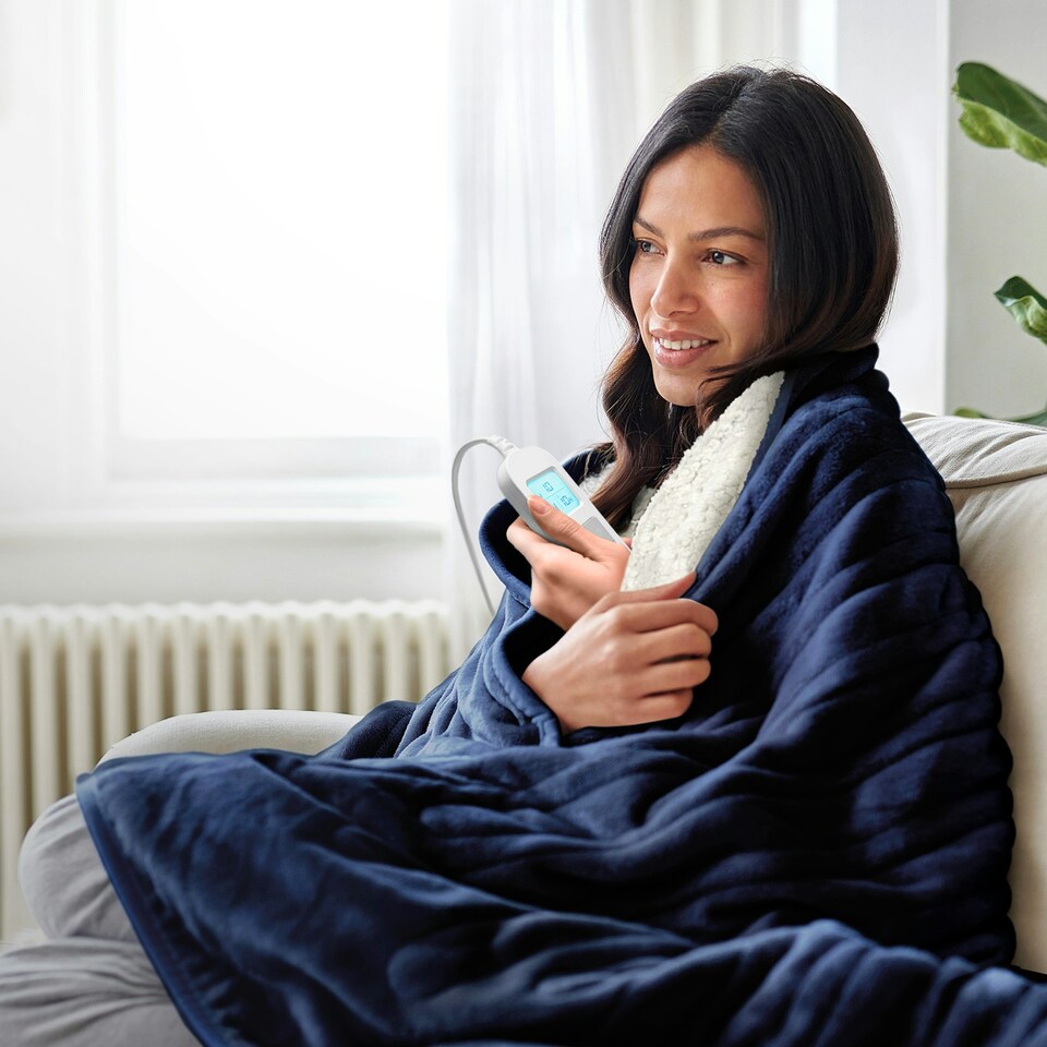 image 1 of Fleece & Sherpa Electric Heated Throw - Navy