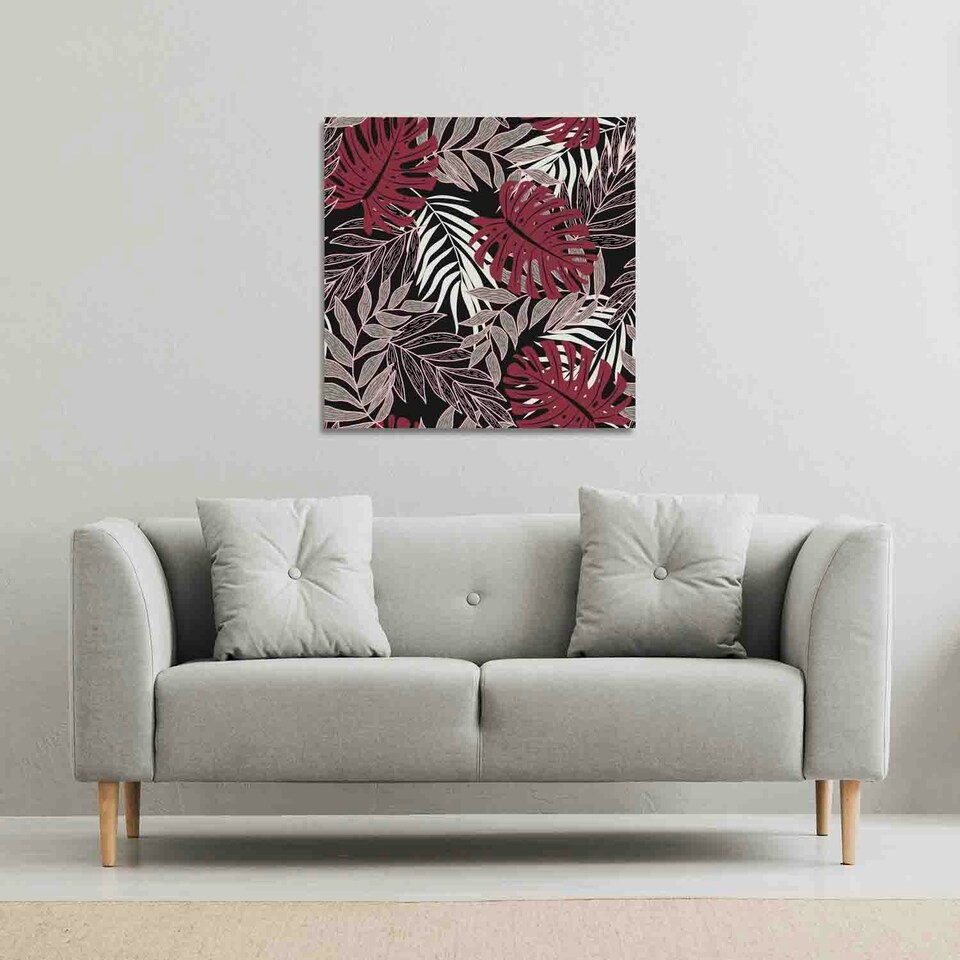 image 1 of Tropical Leaves in Red, White & Grey (Canvas Print) 46 x 46 x 4cm