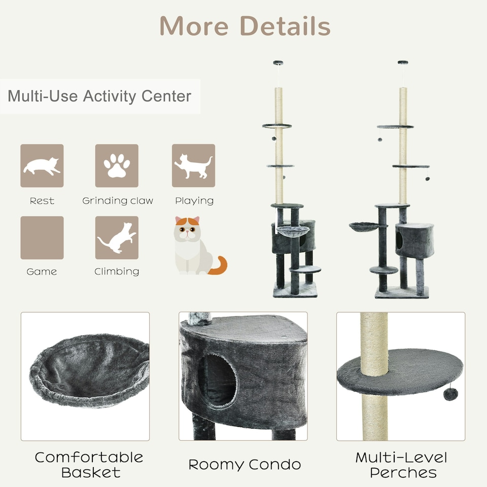 image 1 of PawHut Floor to Ceiling Cat Tree Adjustable Height 220-265cm, Dark Grey
