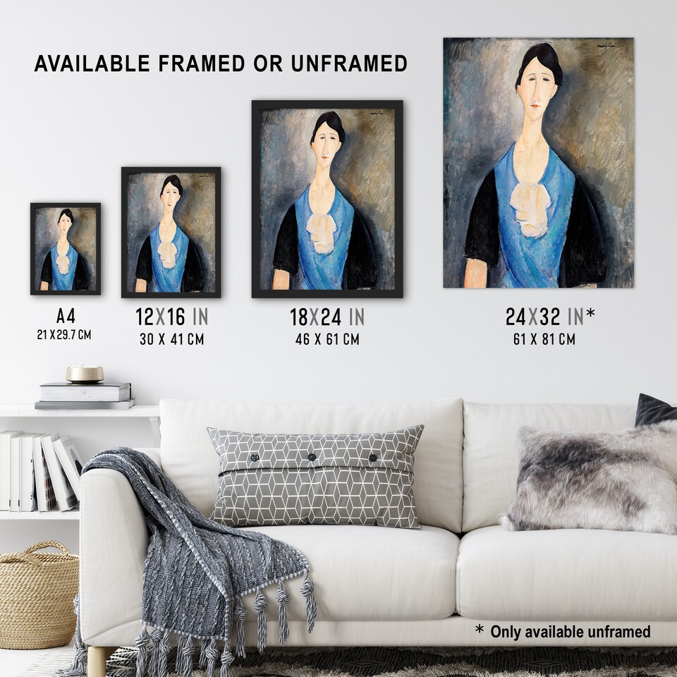 image 1 of Young Woman in Blue Portrait Modigliani Vintage Framed Wall Art Print 12X16"