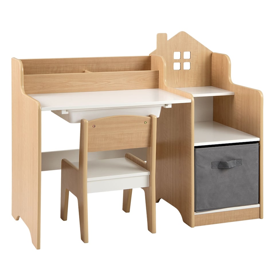 image 1 of COSTWAY Kids Study Desk and Chair Set Children Table Natural