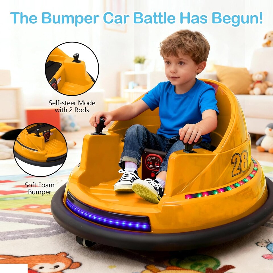 image 1 of Alivio Remote Control Bumper Car for Kids, 360° Spin with Lights, Music & Safety Belt (Yellow)