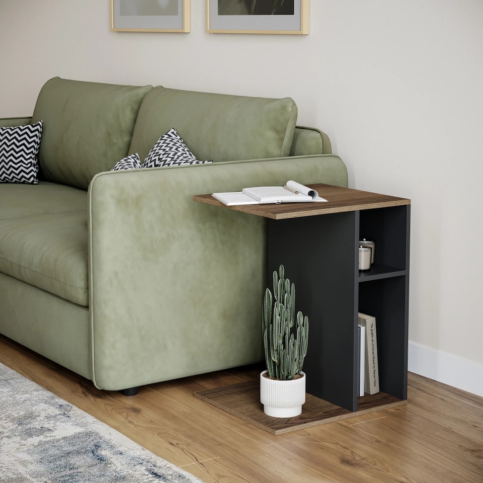 image 1 of C-Shape Side Wooden Table End Coffee Bedside Nightstand Laptop Snack Living Room | Multi | Dark Oak/Black