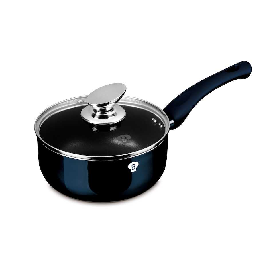 image 1 of Blaumann Cookware Frying Grill Pots Pan Saucepan Casserole Soft Touch Handle Lid | Black | Aquamarine | 18x8cm - Saucepan with Glass Lid - 1.65L