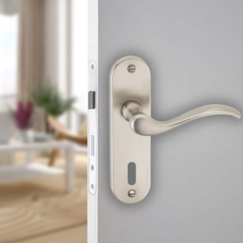 image 1 of Urfic Geneva Metal Lever Latch Door Handles Set Rose Internal & External | Silver | 4x Satin Nickel Keyhole | 4