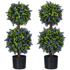 HOMCOM Set of 2 Decorative Artificial Plants Ball Trees with Lavender Flowers in Pot Fake Plants for Home Indoor Outdoor Decor, 70cm, Green