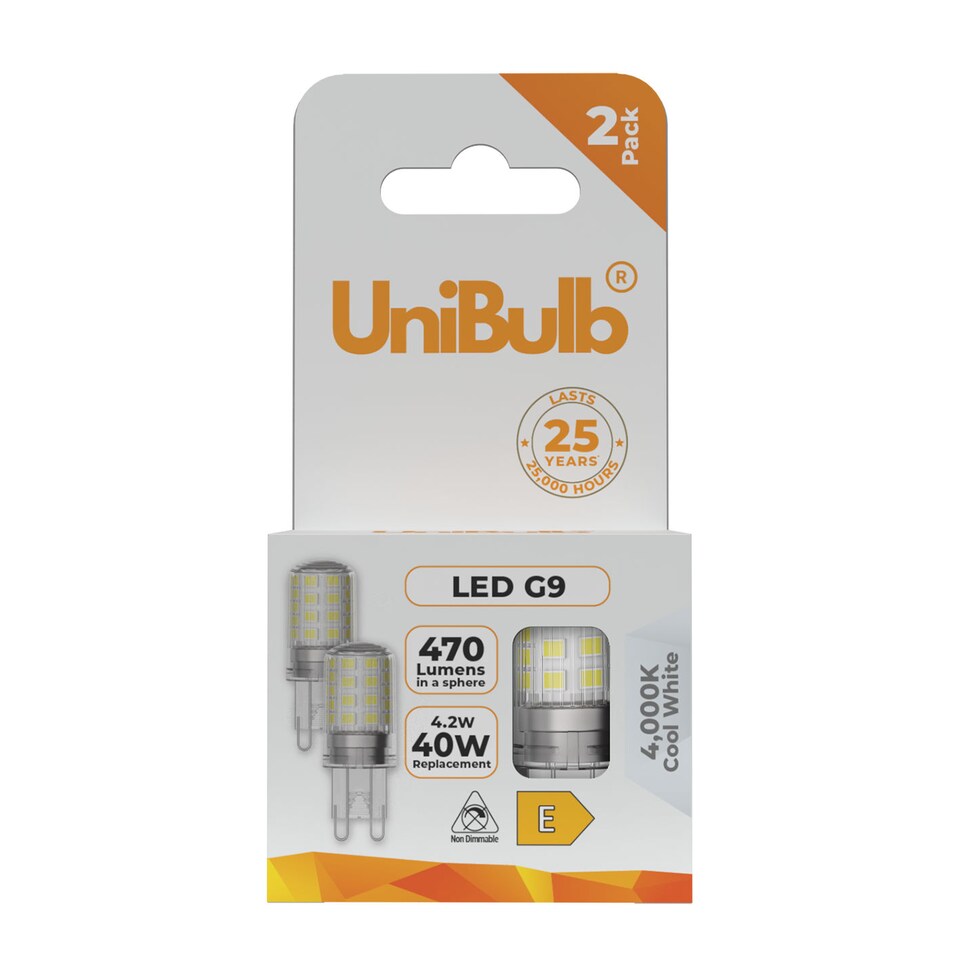 image 1 of UniBulb LED G9 470lm 4.2W (Replaces 40W) 4000K (Cool White) Capsule Light Bulb - Box of 2 | White | Cool White | 2