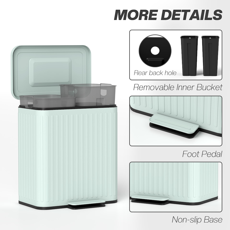 image 1 of HOMCOM 2 x 20L Double Rubbish Bin, Pedal Bin with Rubbish Bags, Green | Green