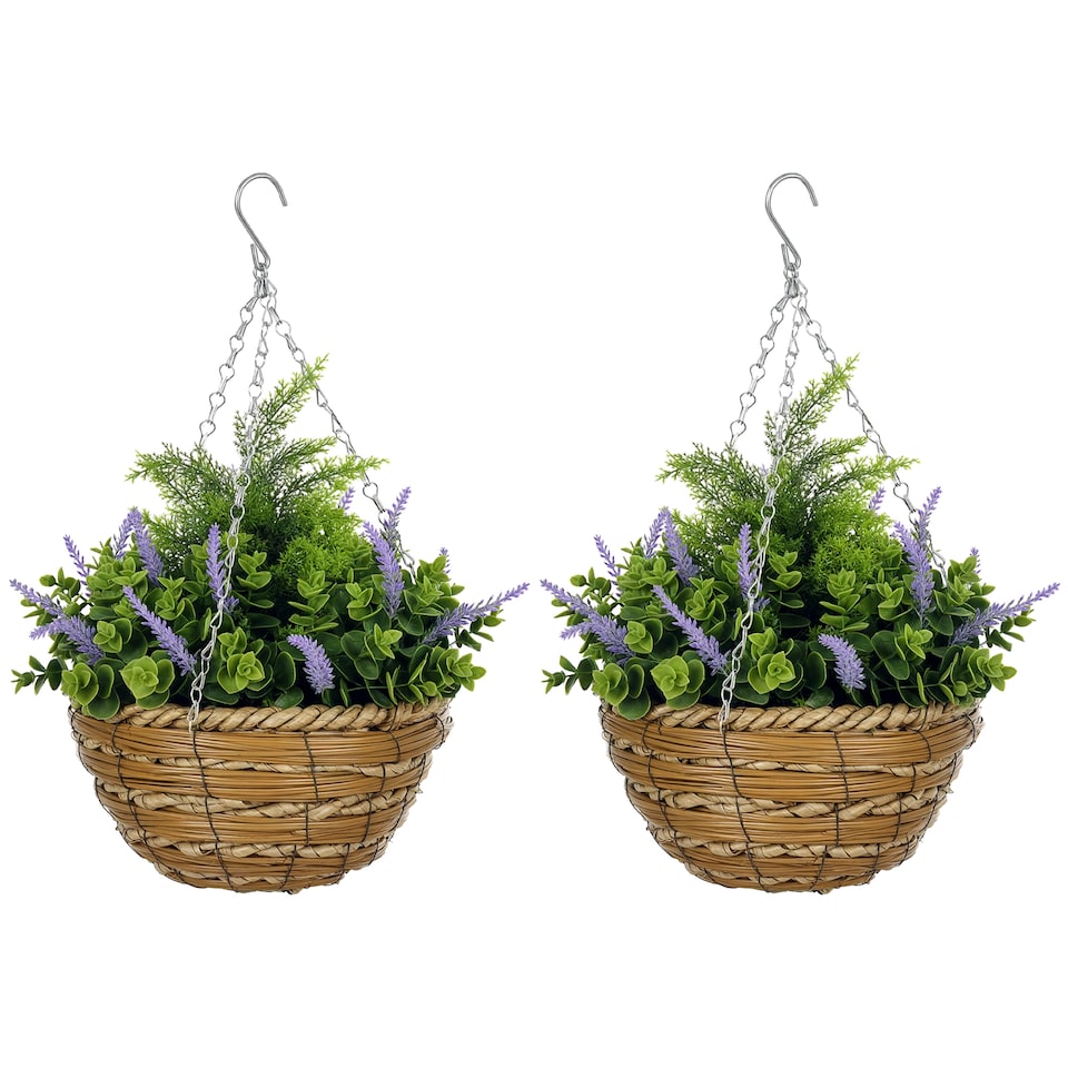 image 1 of Outsunny Pack of 2 FauPlant Artificial Lavender Flowers Hanging Planter with Basket for Indoor Decoration, Purple