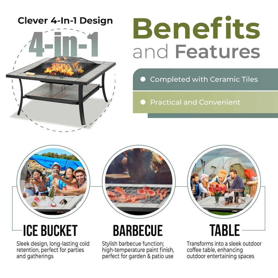 image 1 of Centurion Supports SHANGO Premium Multi-Functional Black with Ceramic Tiles Outdoor Garden and Patio Square Heater Fire Pit Brazier and Outdoor Table