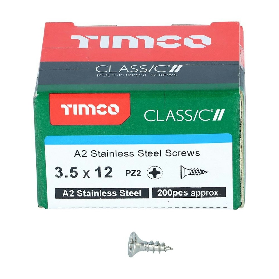 image 1 of Timco - Classic Multi-Purpose Screws - PZ - Double Countersunk - A2 Stainless Steel  (Size 3.5 x 12 - 200 Pieces)