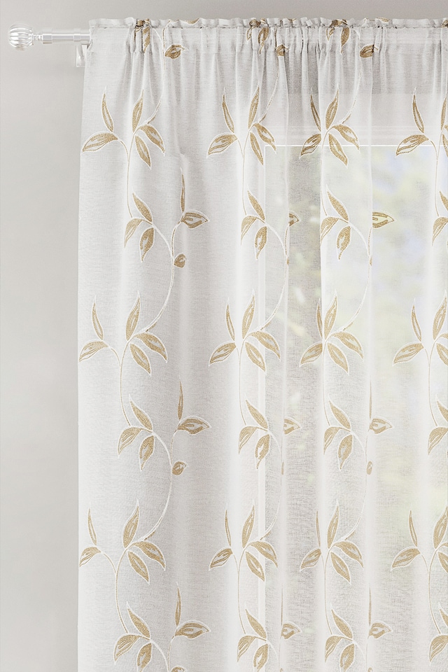 image 1 of Oasis Natural Embroidered Leaf Design Voile Panels - Pair 140 x 122cm (55x48")