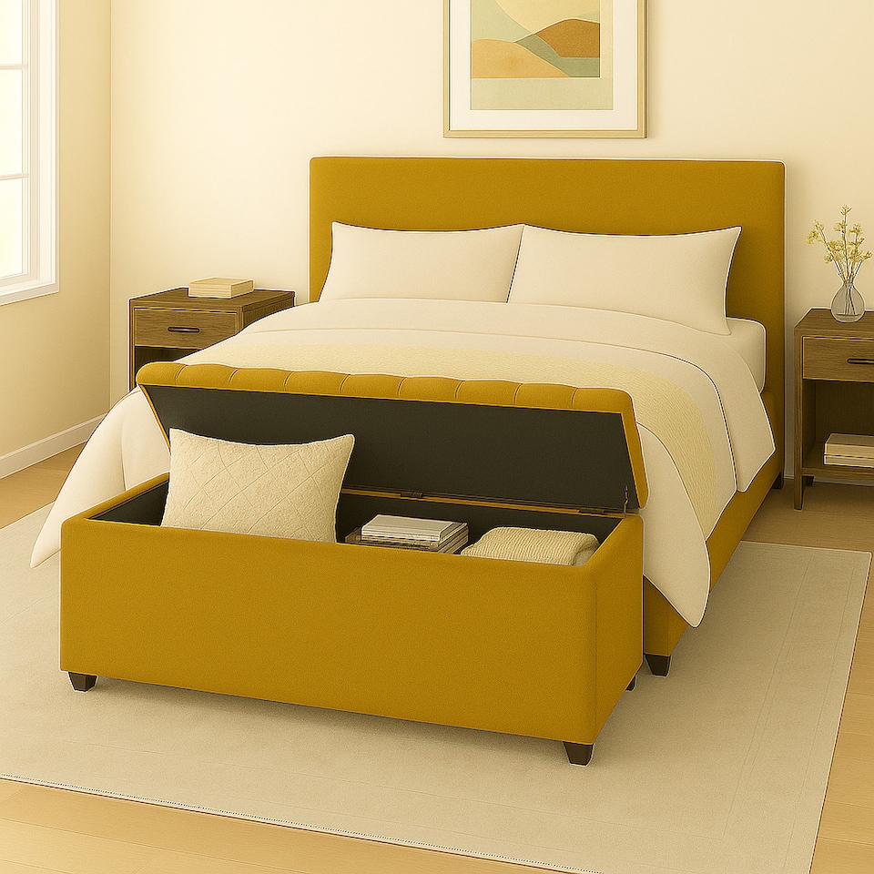 image 1 of 150cm Chesterfield Plush Velvet Mustard Gold Upholstered Storage Ottoman Bench - Deep Tufted Lid & Wooden Leg