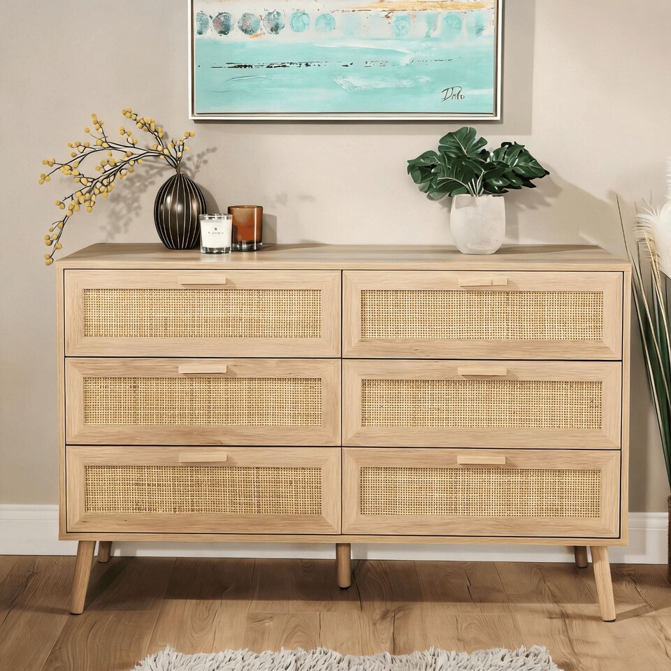 image 1 of Chest 4 Drawers with Rattan Fronts Solid Wooden Legs | Brown