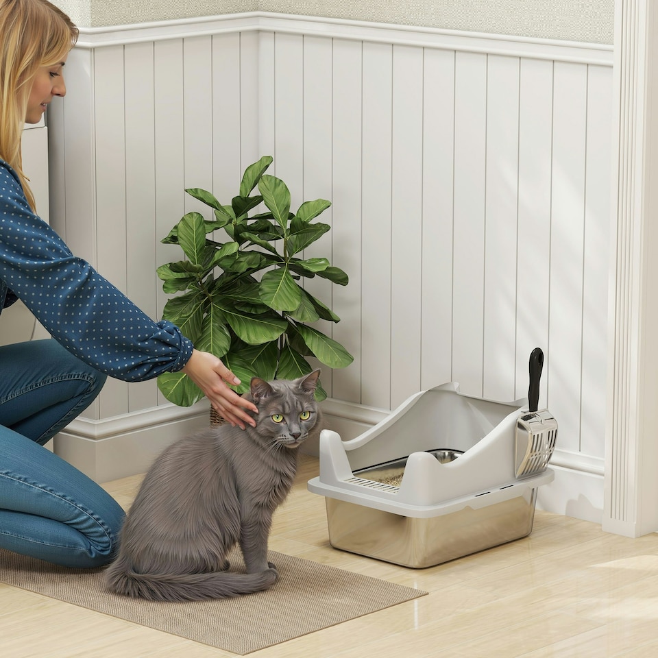 image 1 of PawHut Stainless Steel Cat Litter Box with High Sides Grey | M