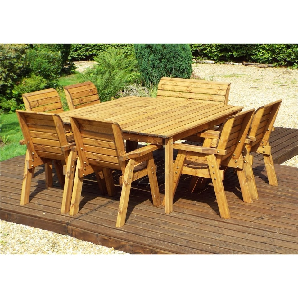 image 1 of Traditional Eight Seater Table Set with 6 x Chair Cushion, 1 x Bench Cushion, 1 x Burgundy Parasol & Base & Cushion Storage Bag