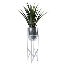 Artificial Yukka Plant Metal Planter Stand Silver 90cm Tall Realistic Premium Botanik | Silver