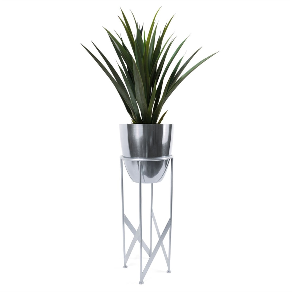 image 1 of Artificial Yukka Plant Metal Planter Stand Silver 90cm Tall Realistic Premium Botanik | Silver