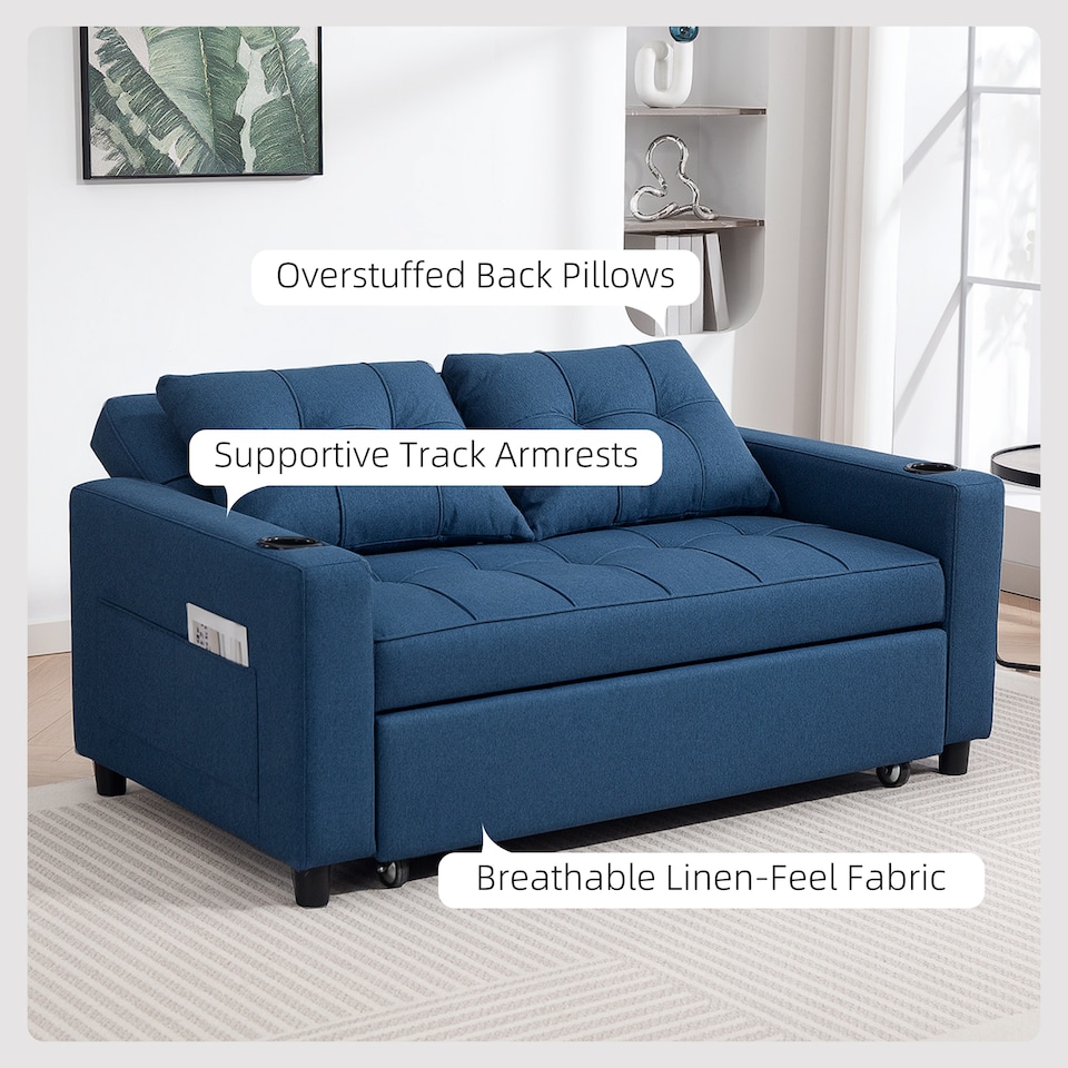 image 1 of HOMCOM 2 Seater Pull Out Sofa Bed with Pockets for Living Room, Dark Blue