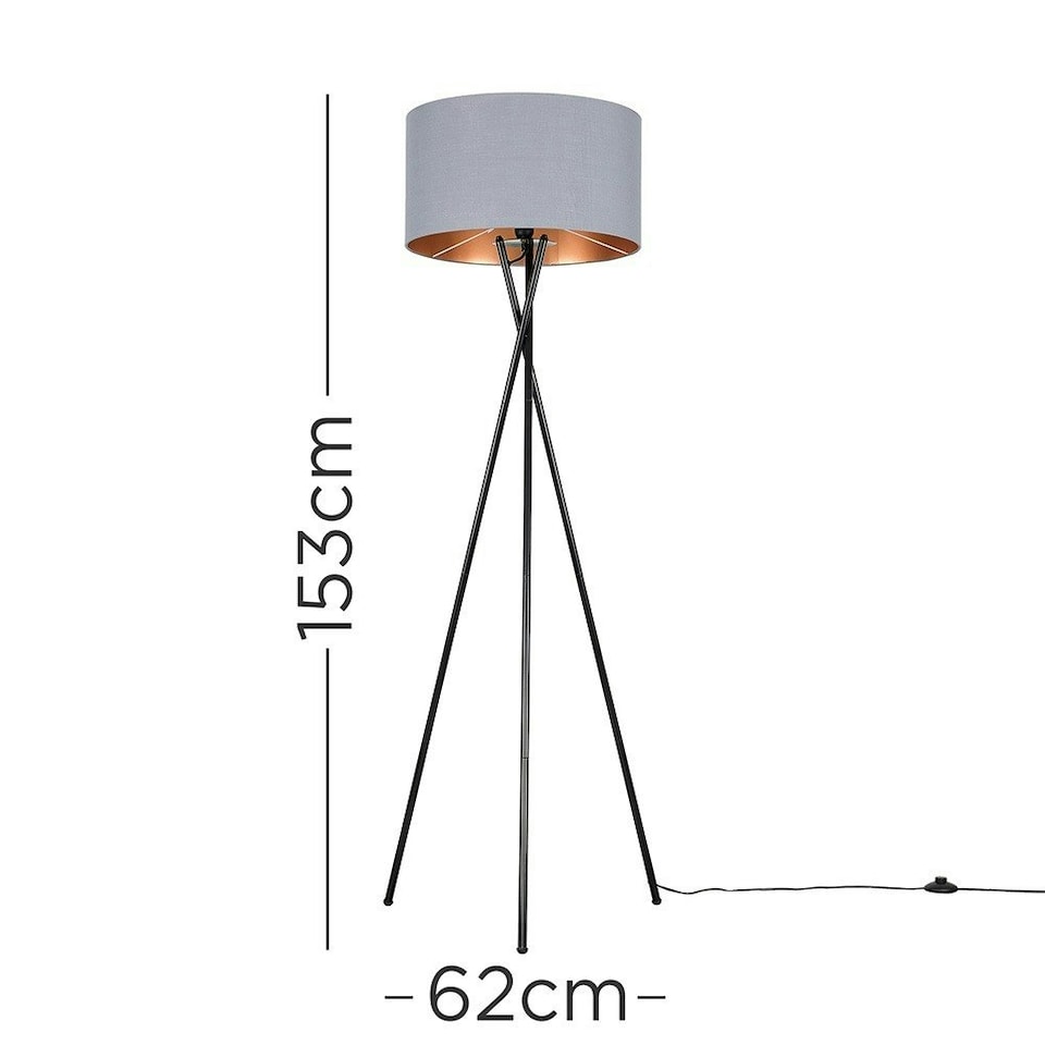 image 1 of ValueLights Camden Black Tripod Floor Lamp Grey & Copper Shade & Bulb Copper