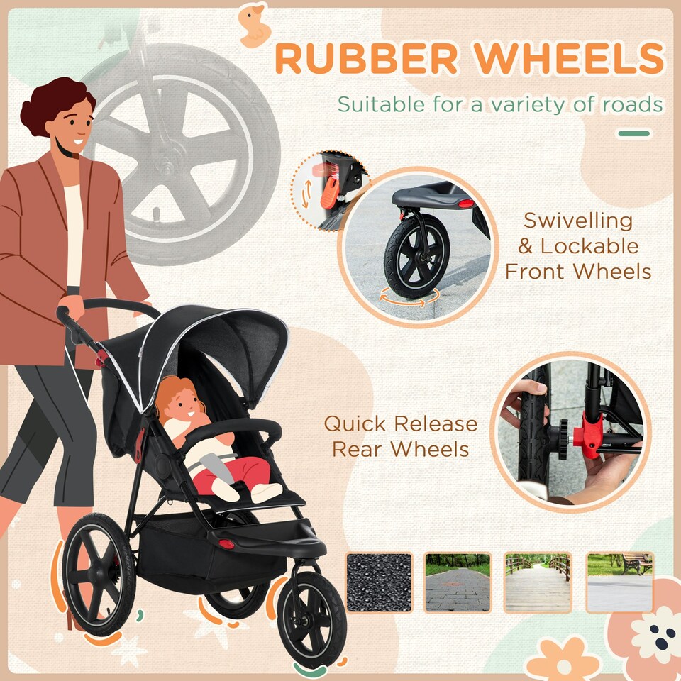image 1 of HOMCOM Foldable Three-Wheeler Baby Stroller w/ Sun Canopy, Storage