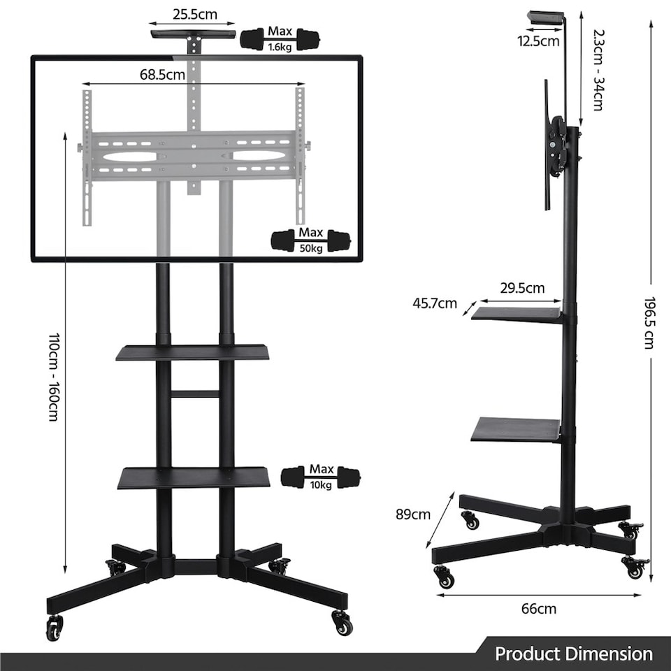 image 1 of Yaheetech Adjustable Mobile TV Trolley with Lockable Wheels