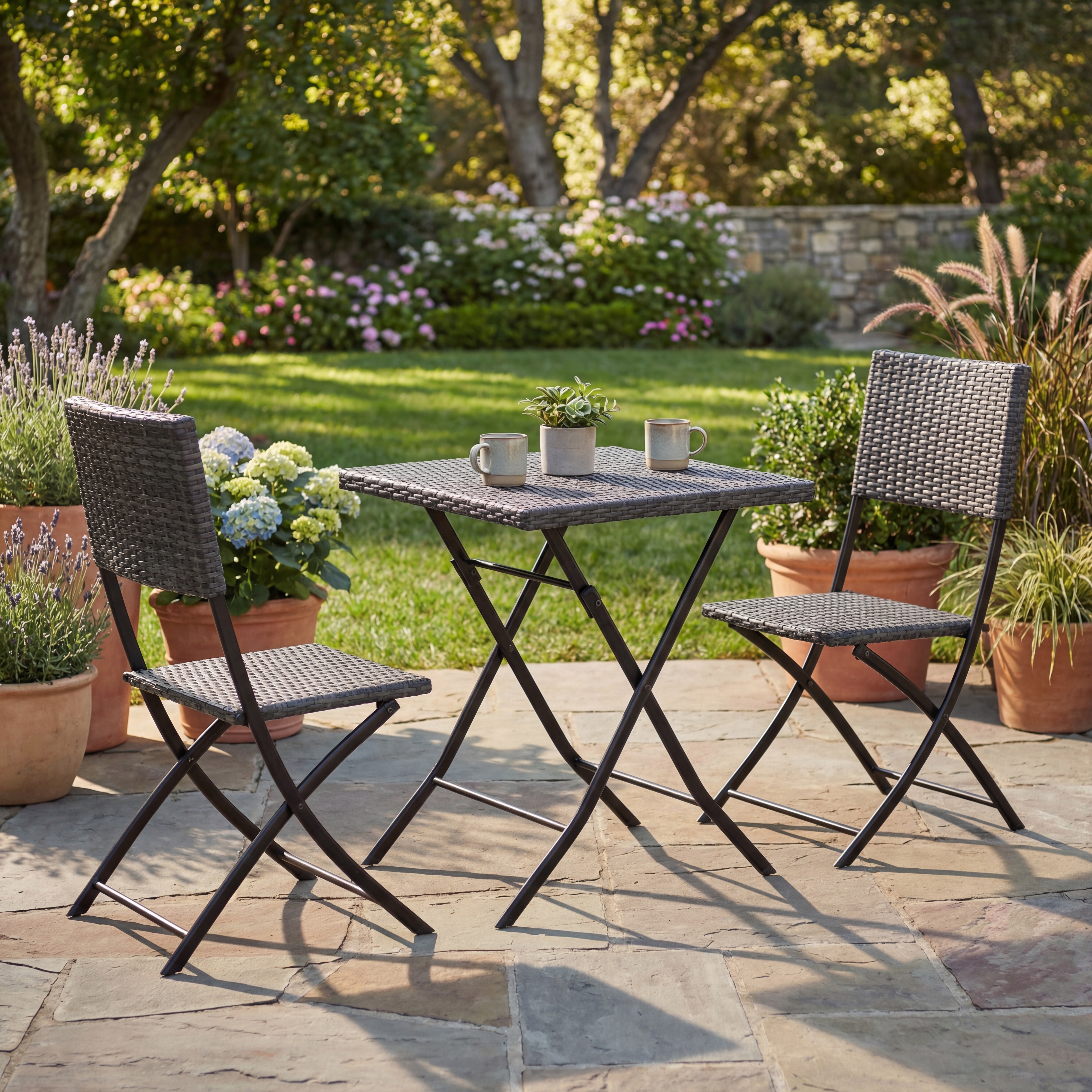 Garden Vida Capri 2 Seater Rattan Bistro Set Folding Table Chair No Assembly Required, Grey
